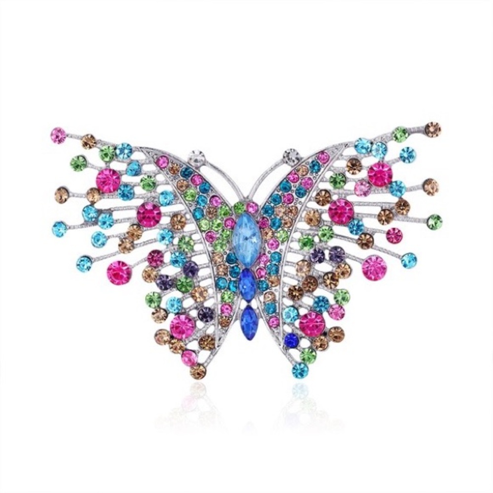Colorful Rhinestone Silver Butterfly Brooch Pin